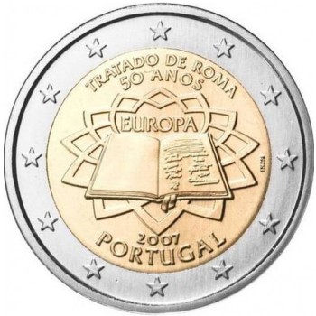 Awers portugalskiej monety 2 euro z serii "50 rocznica podpisania Traktatów Rzymskich"
